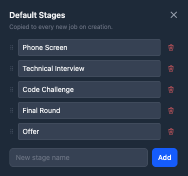 JobTracker default stage templates dialog