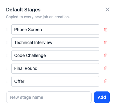 JobTracker default stage templates dialog