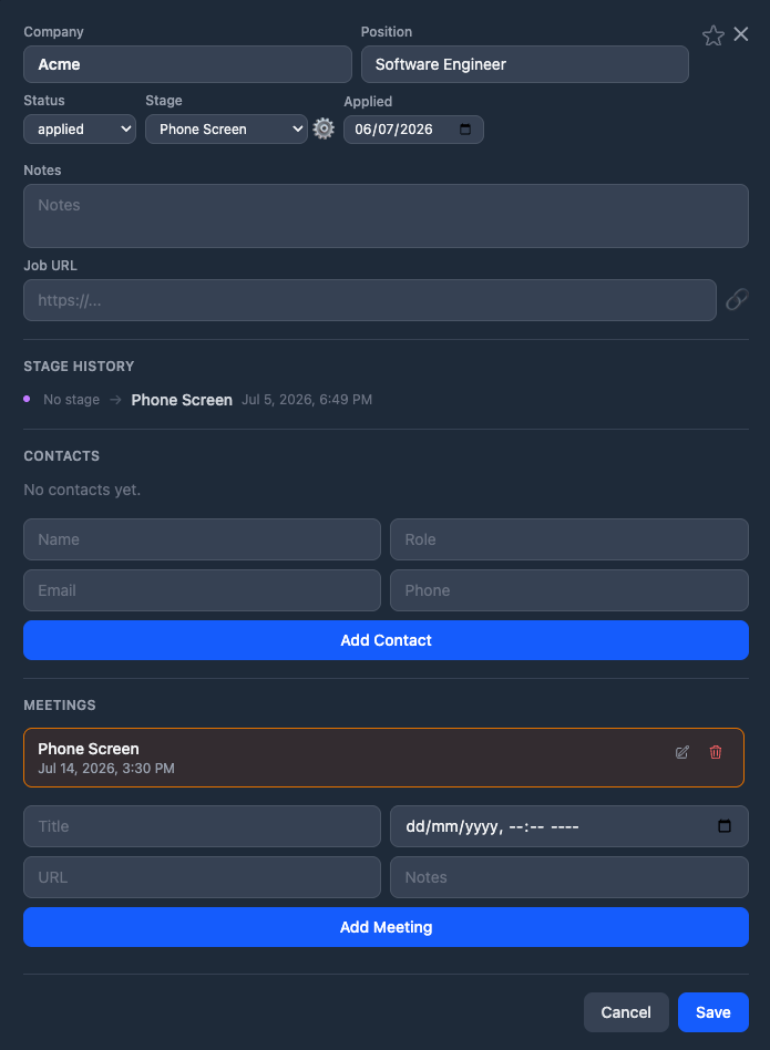 JobTracker job detail dialog showing stages, history, contacts, and meetings
