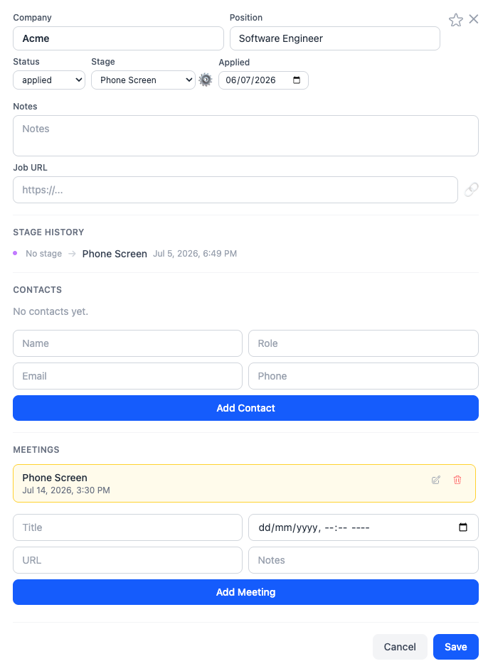 JobTracker job detail dialog showing stages, history, contacts, and meetings
