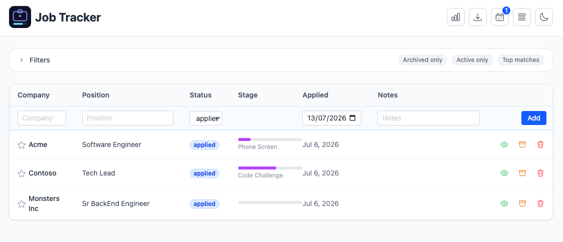 JobTracker jobs table with pipeline stages and status